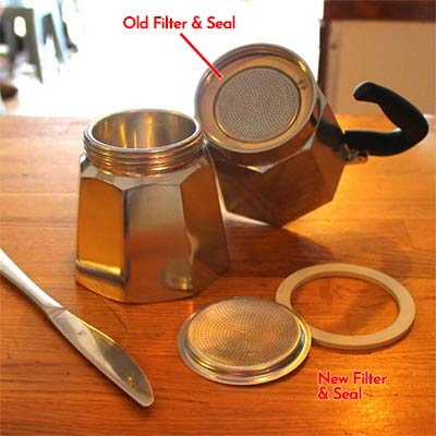 BIALETTI Moka Express 2 Cups Coffee Maker + Parts 3 Seals & Filter